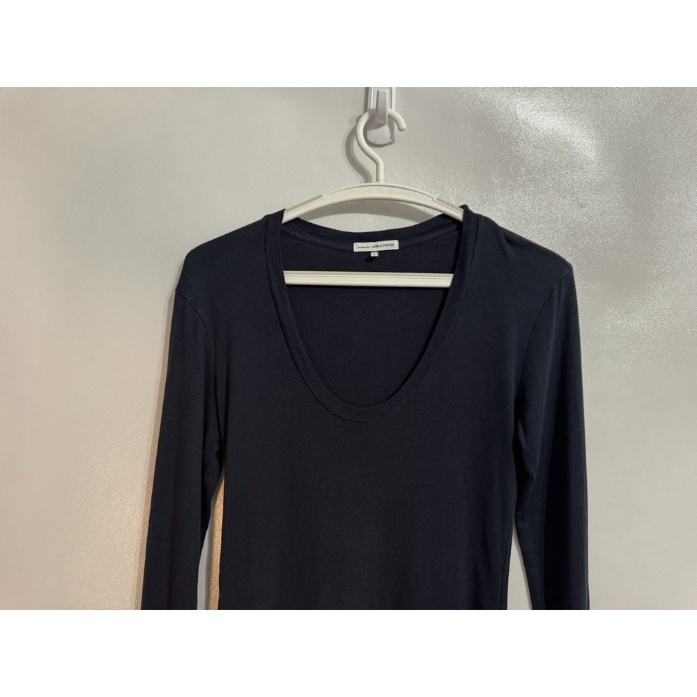 James Perse Size 3 Navy Blue Supima Modal Slub Long Sleeve Shirt Scoop Neck EUC - Picture 3 of 7